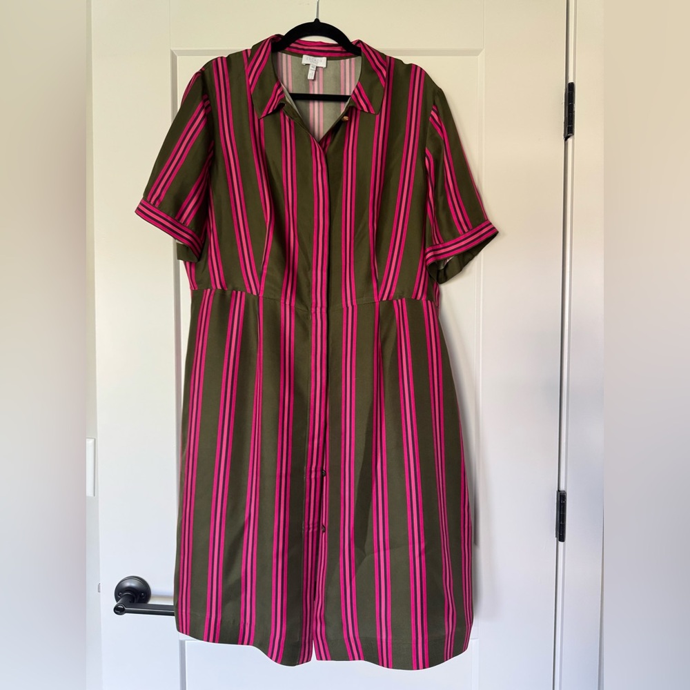 Escada Sport Olive & Fuchsia Silk Striped Midi Dress Button Front Sz 44 (US XL)